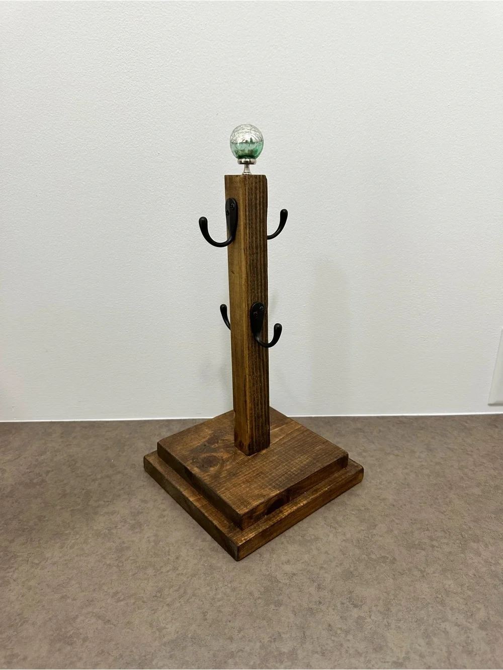 Handcrafted Rustic Wooden Coffee Mug Stand Hook Rack Green Crackled Glass Accent